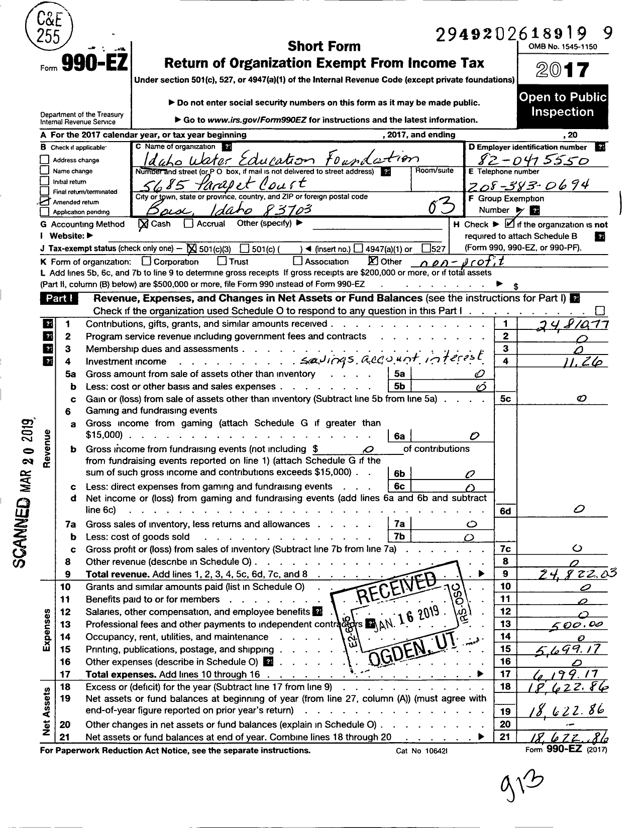 Image of first page of 2017 Form 990EZ for Idaho Water Education Foundation