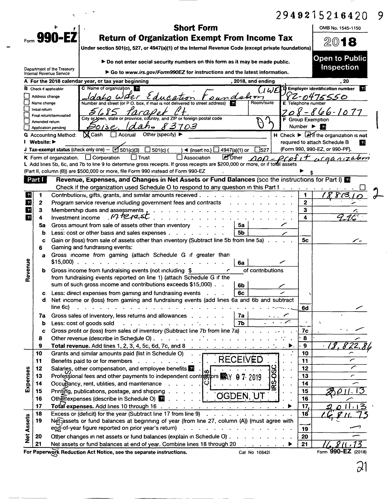 Image of first page of 2018 Form 990EZ for Idaho Water Education Foundation