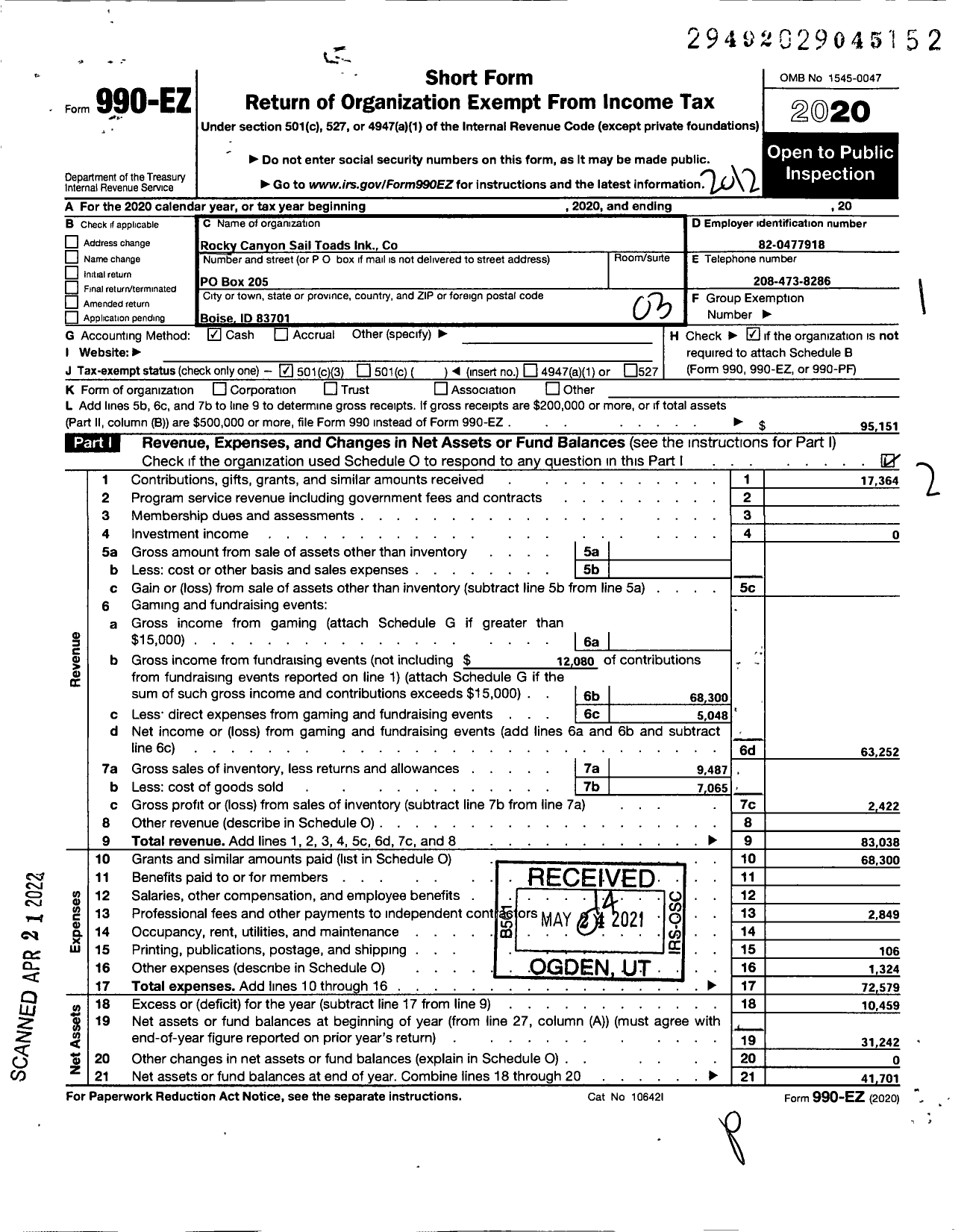 Image of first page of 2020 Form 990EZ for Rocky Canyon Sail Toads