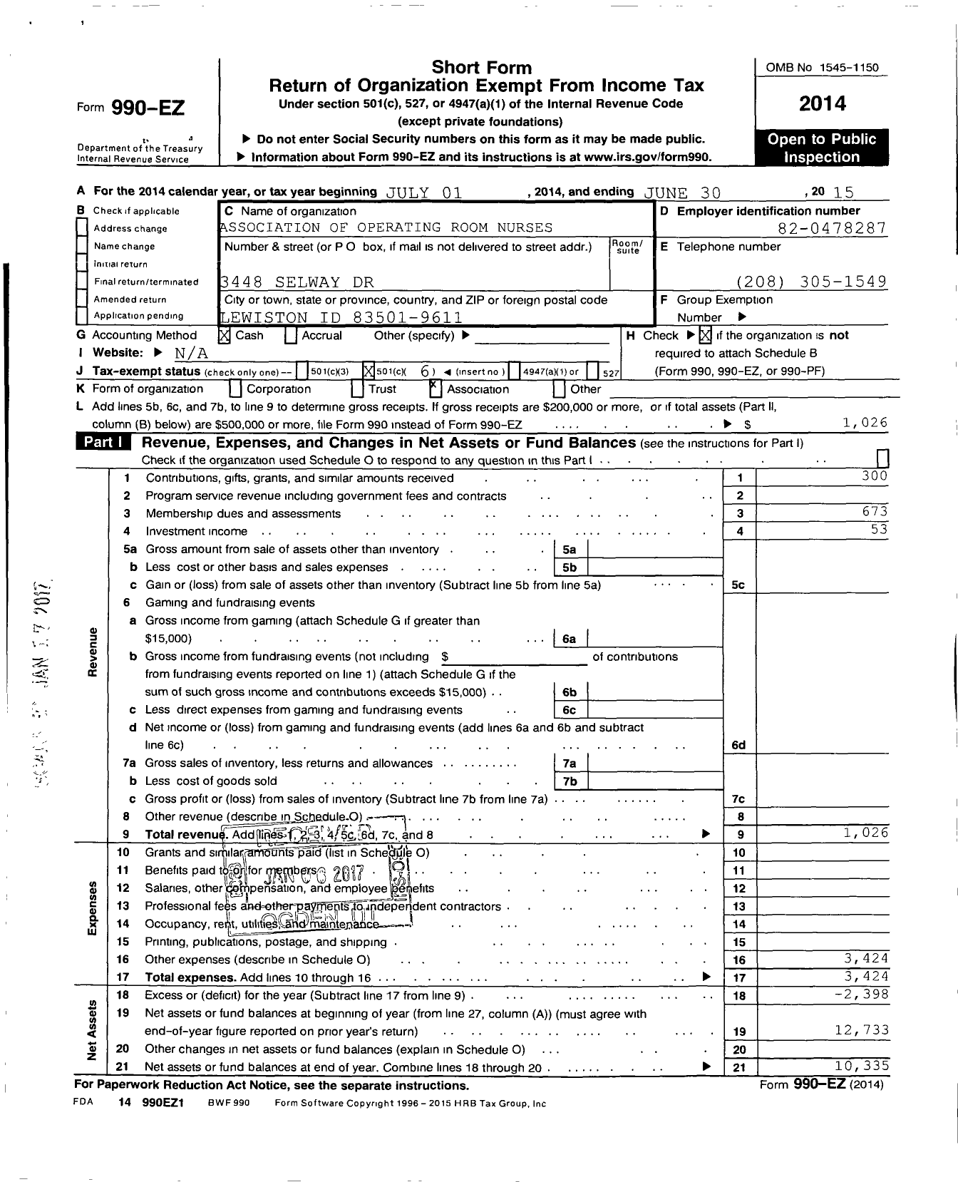 Image of first page of 2014 Form 990EO for Association of Operating Room Nurses - 1303 Lewis-Clark