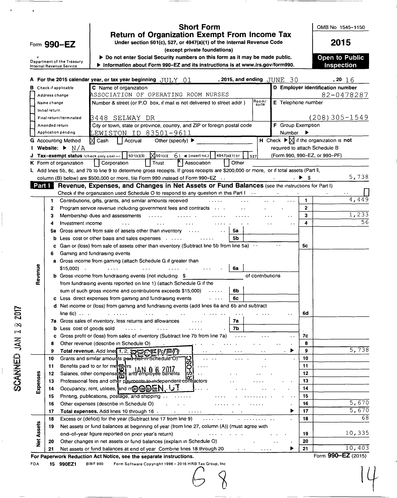 Image of first page of 2015 Form 990EO for Association of Operating Room Nurses - 1303 Lewis-Clark