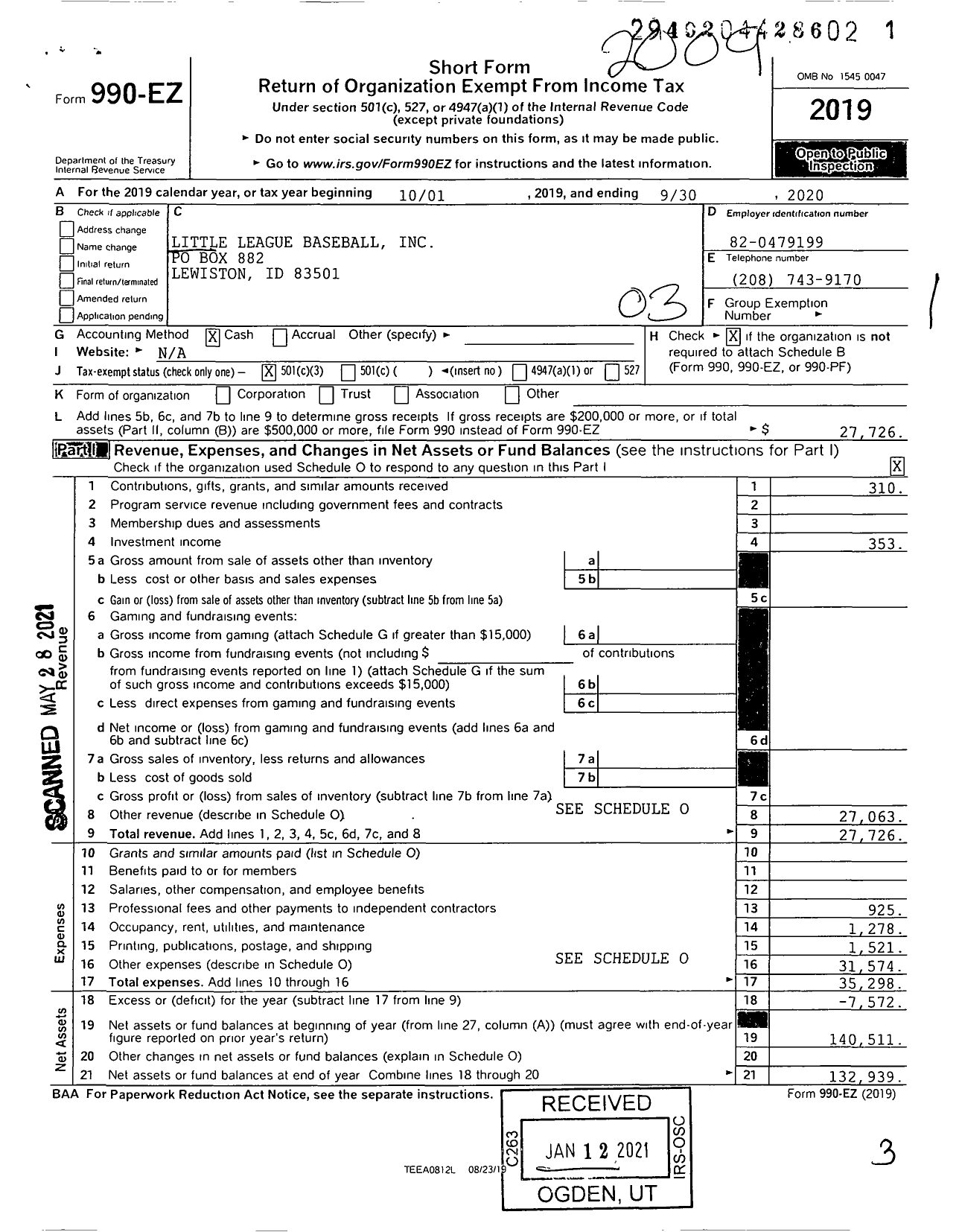 Image of first page of 2019 Form 990EZ for Little League Baseball - 4120109 Lewiston LL