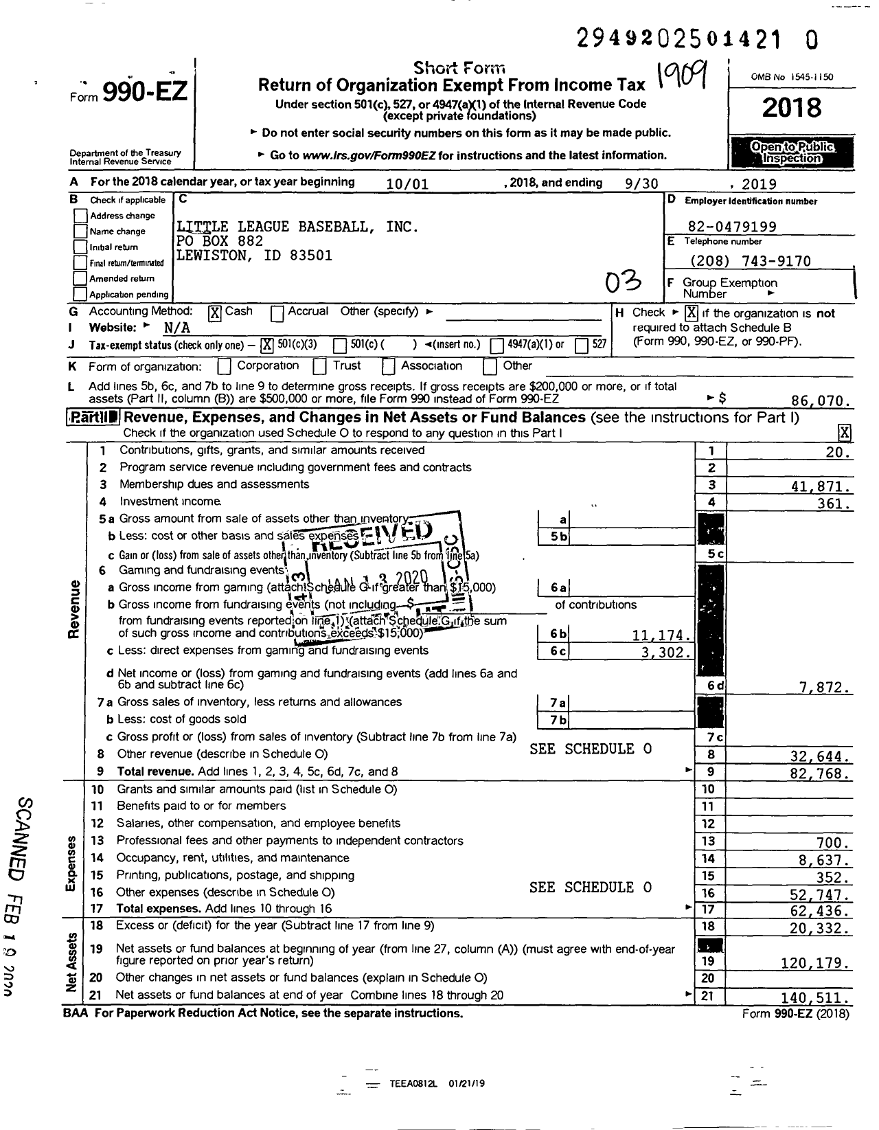 Image of first page of 2018 Form 990EZ for Little League Baseball - 4120109 Lewiston LL