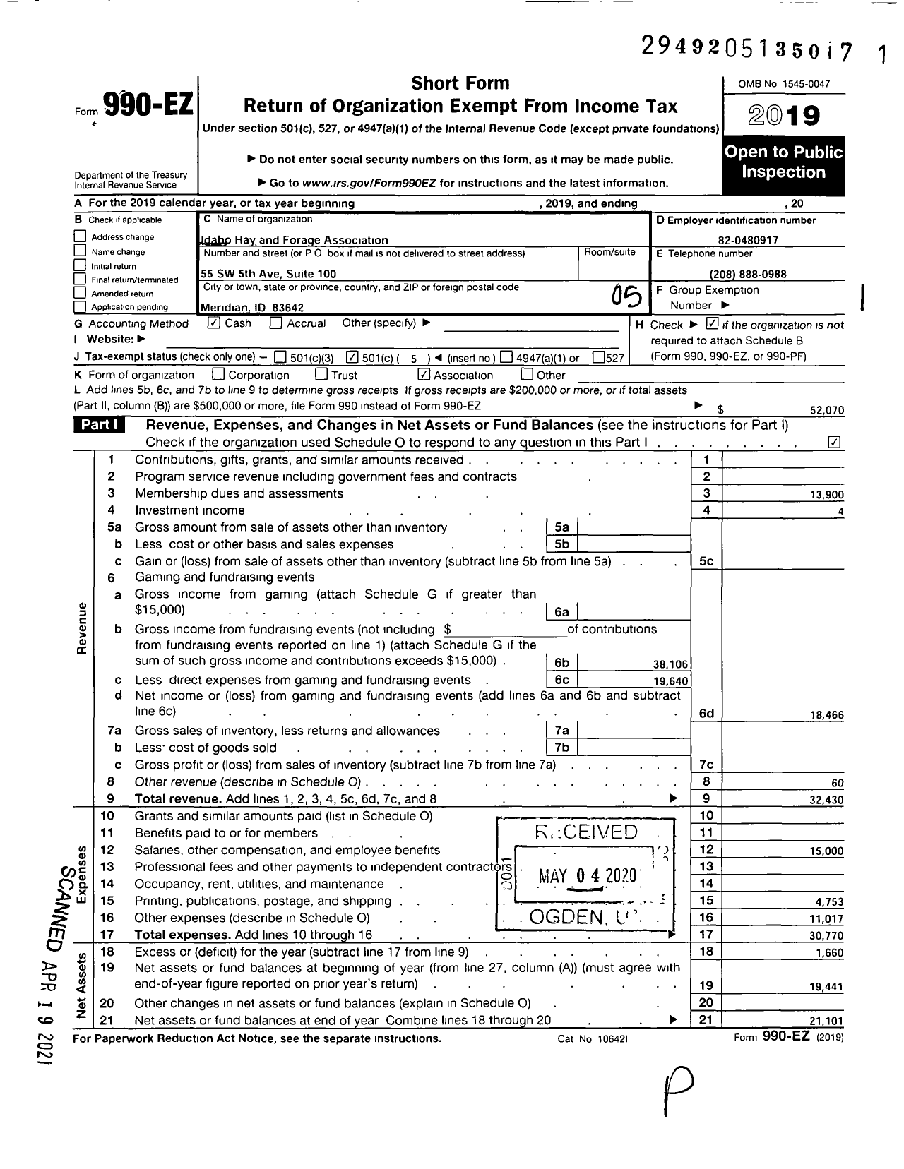 Image of first page of 2019 Form 990EO for Idaho Hay Association