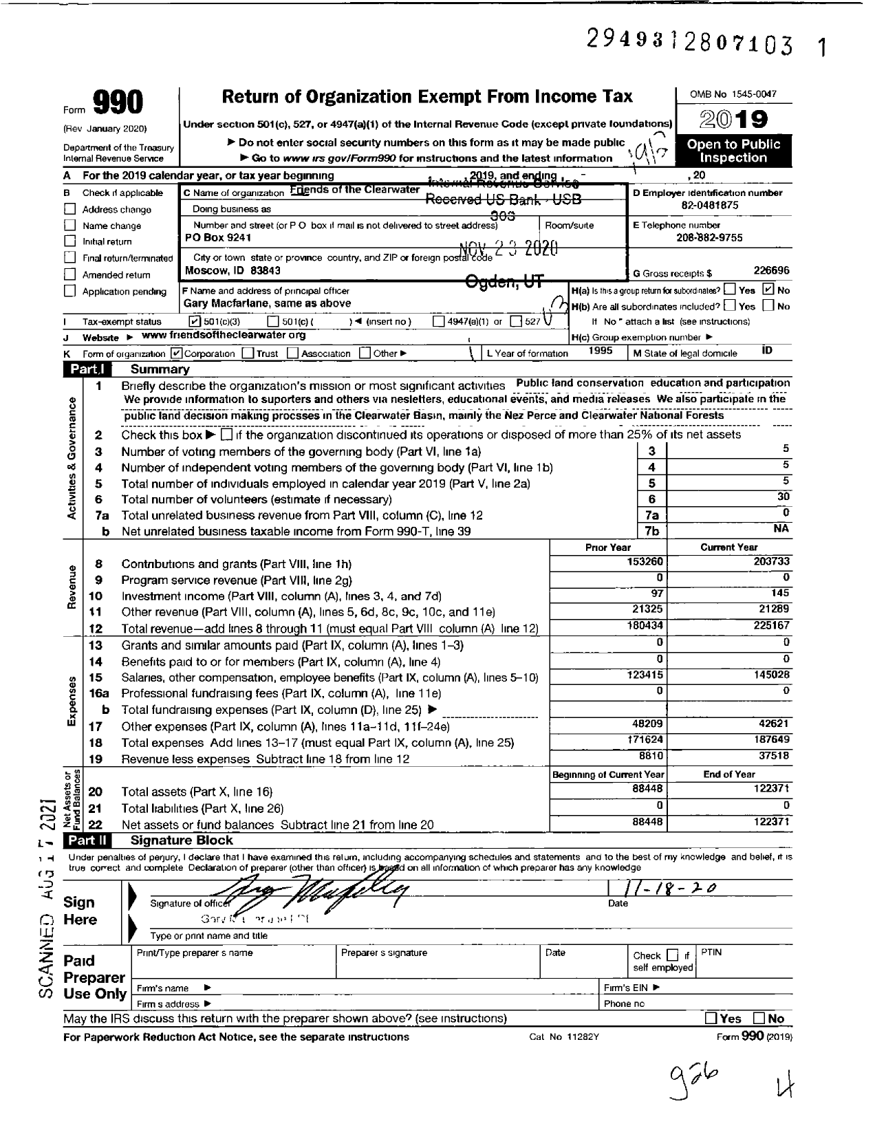 Image of first page of 2019 Form 990 for Friends of the Clearwater