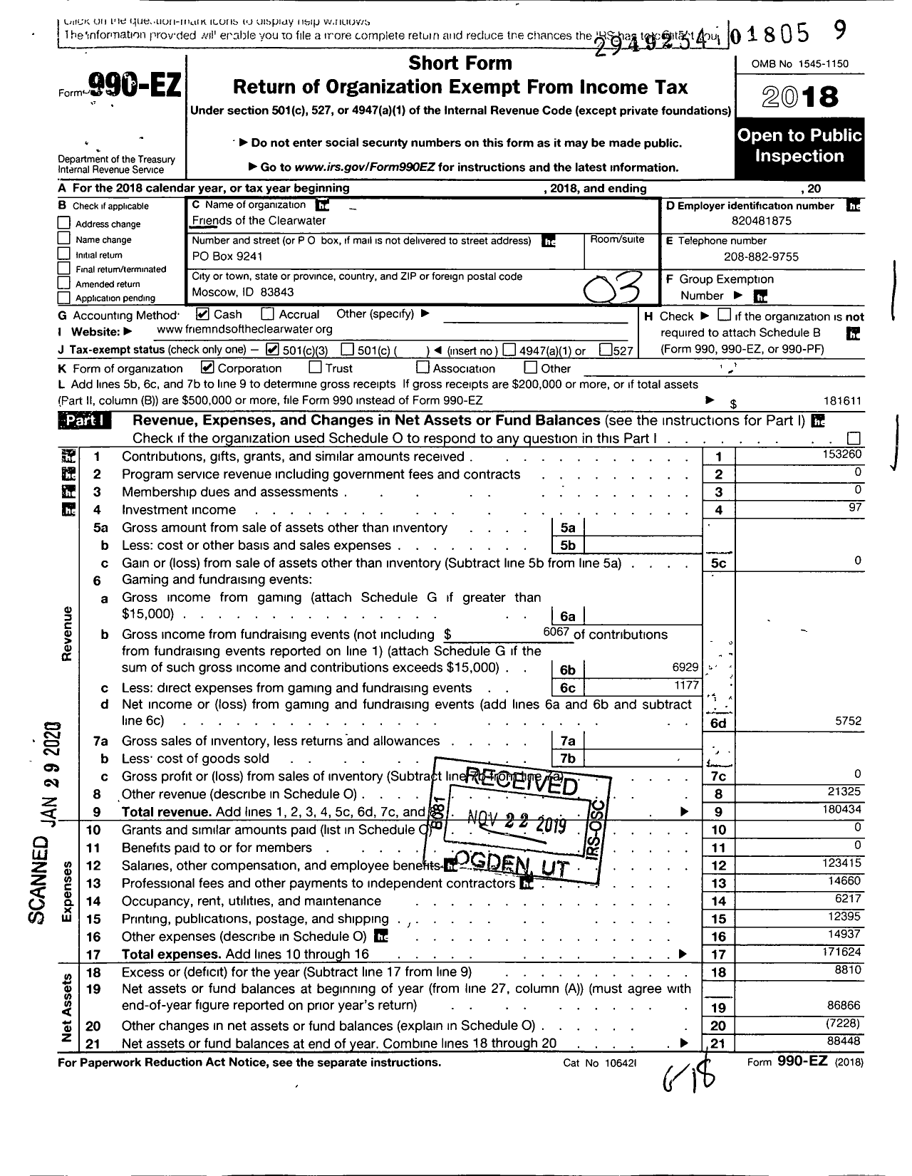 Image of first page of 2018 Form 990EZ for Friends of the Clearwater