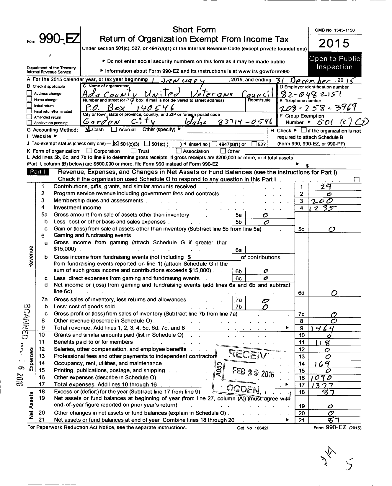 Image of first page of 2015 Form 990EZ for Ada County United Veterans Council