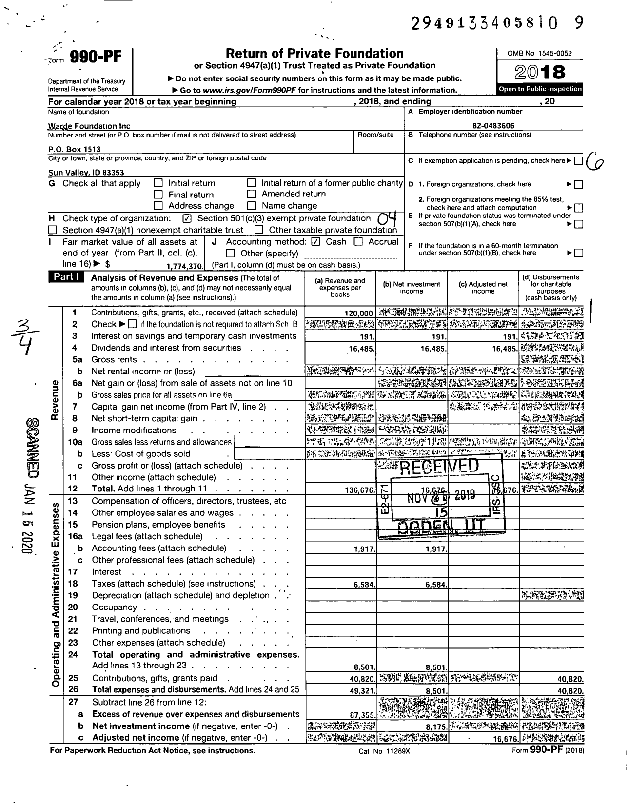 Image of first page of 2018 Form 990PF for Warde Foundation