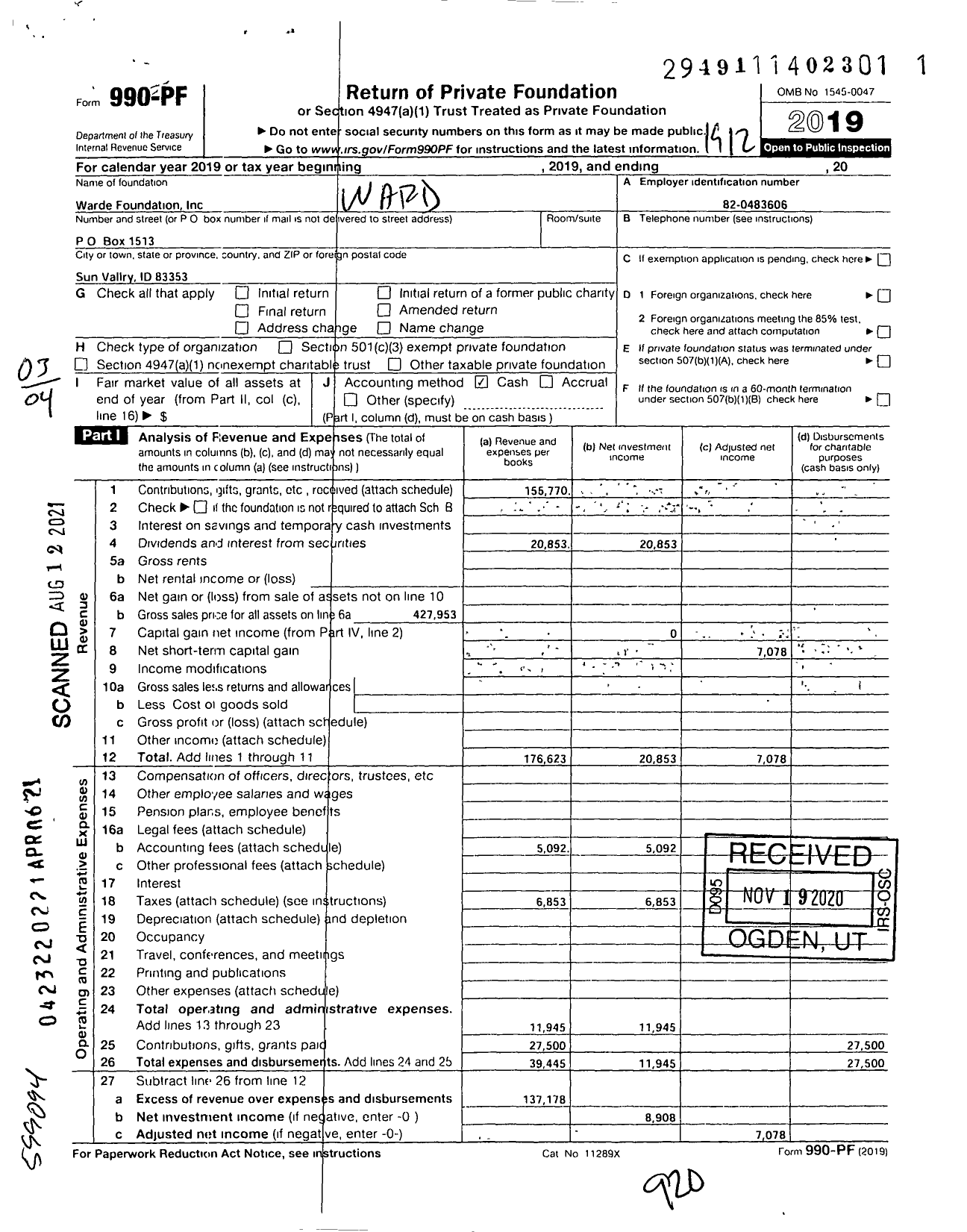 Image of first page of 2019 Form 990PF for Warde Foundation