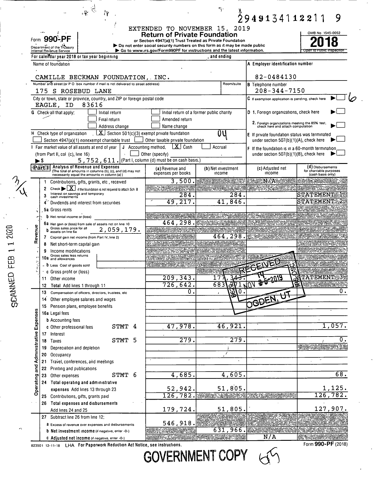 Image of first page of 2018 Form 990PF for Camille Beckman Foundation