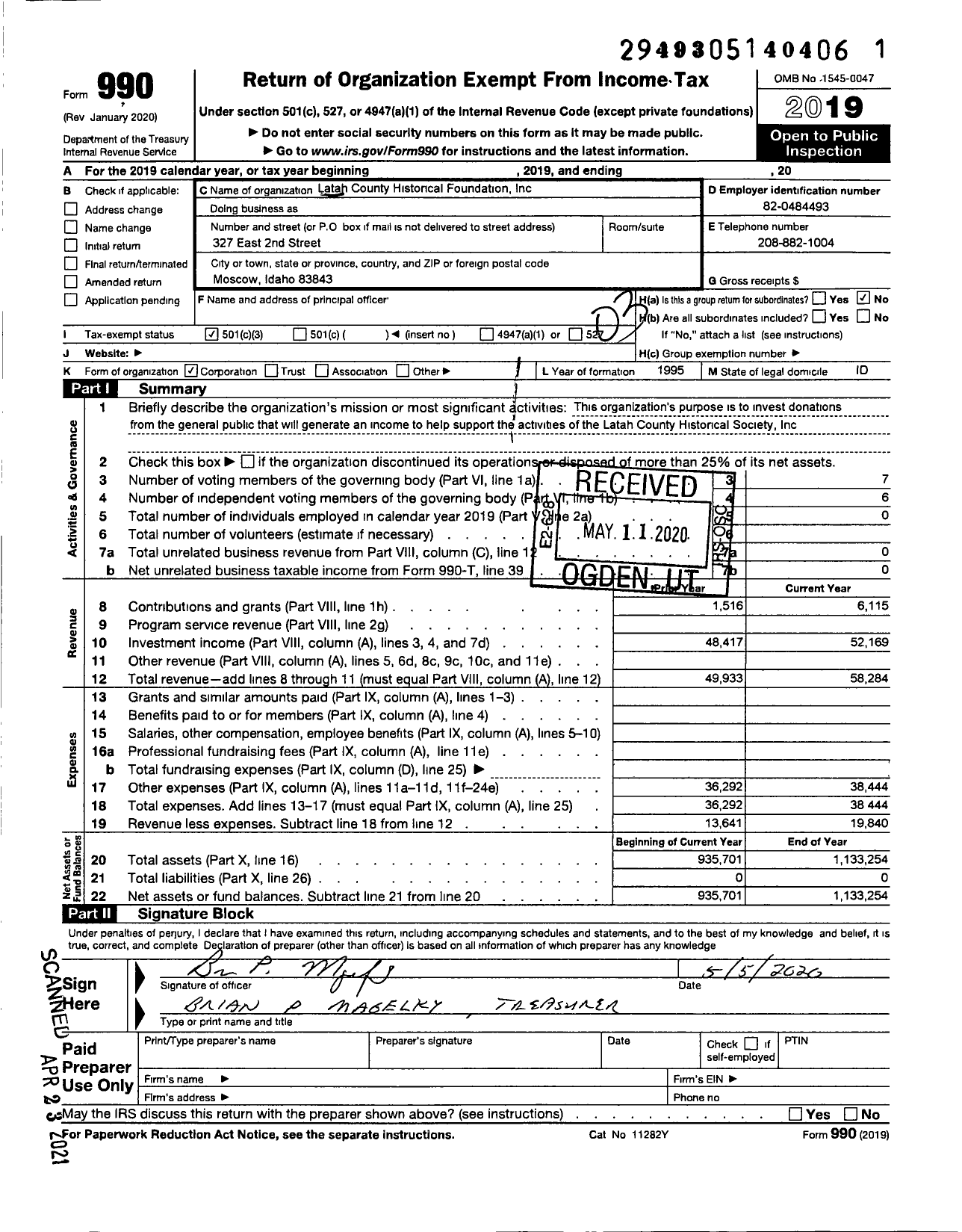 Image of first page of 2019 Form 990 for Latah County Historical Foundation