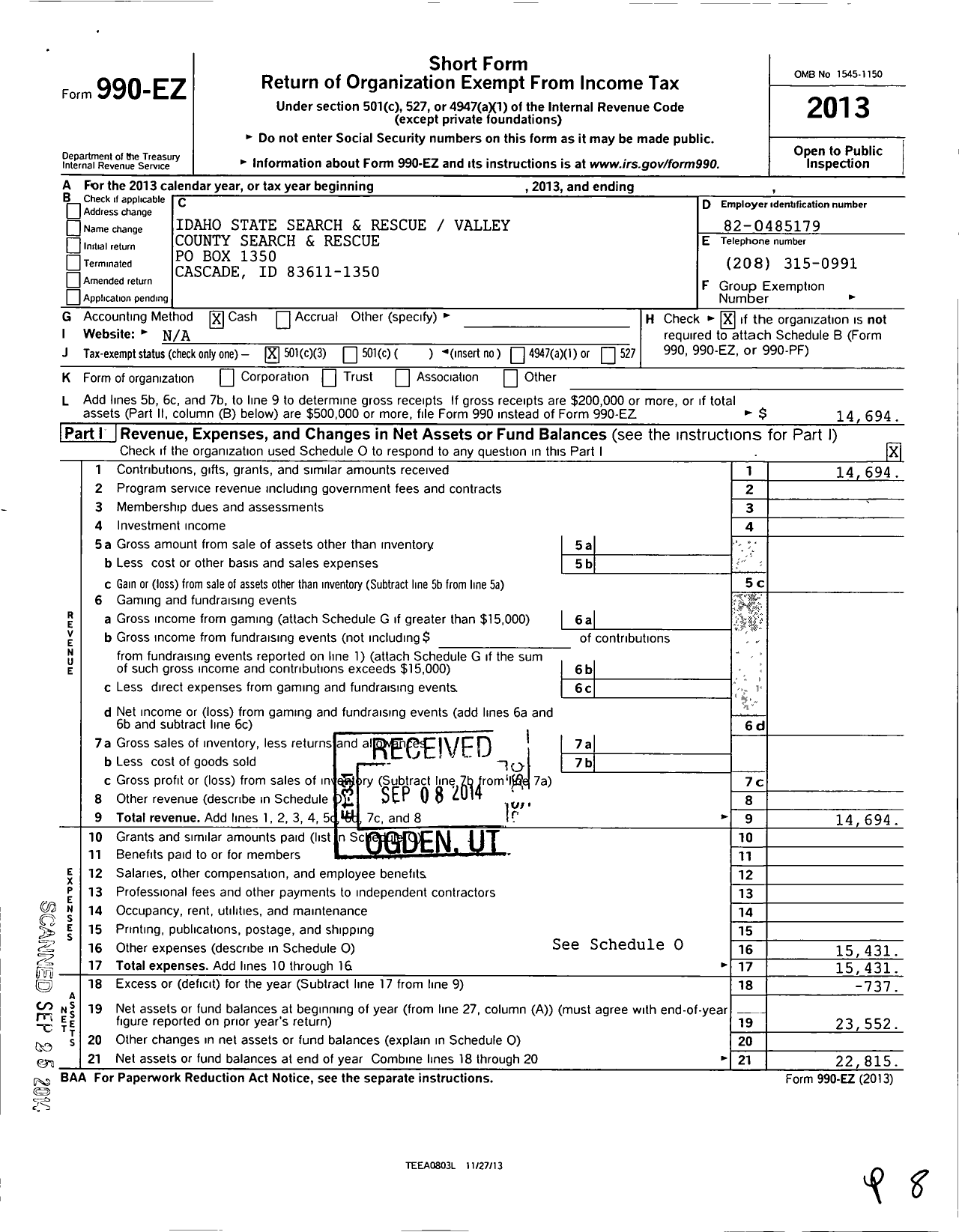 Image of first page of 2013 Form 990EZ for Valley County Search and Rescue