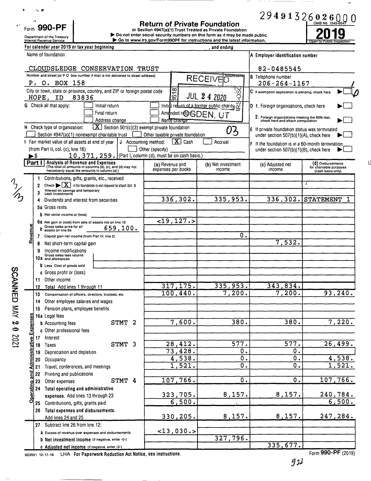 Image of first page of 2019 Form 990PF for Cloudsledge Conservation Trust