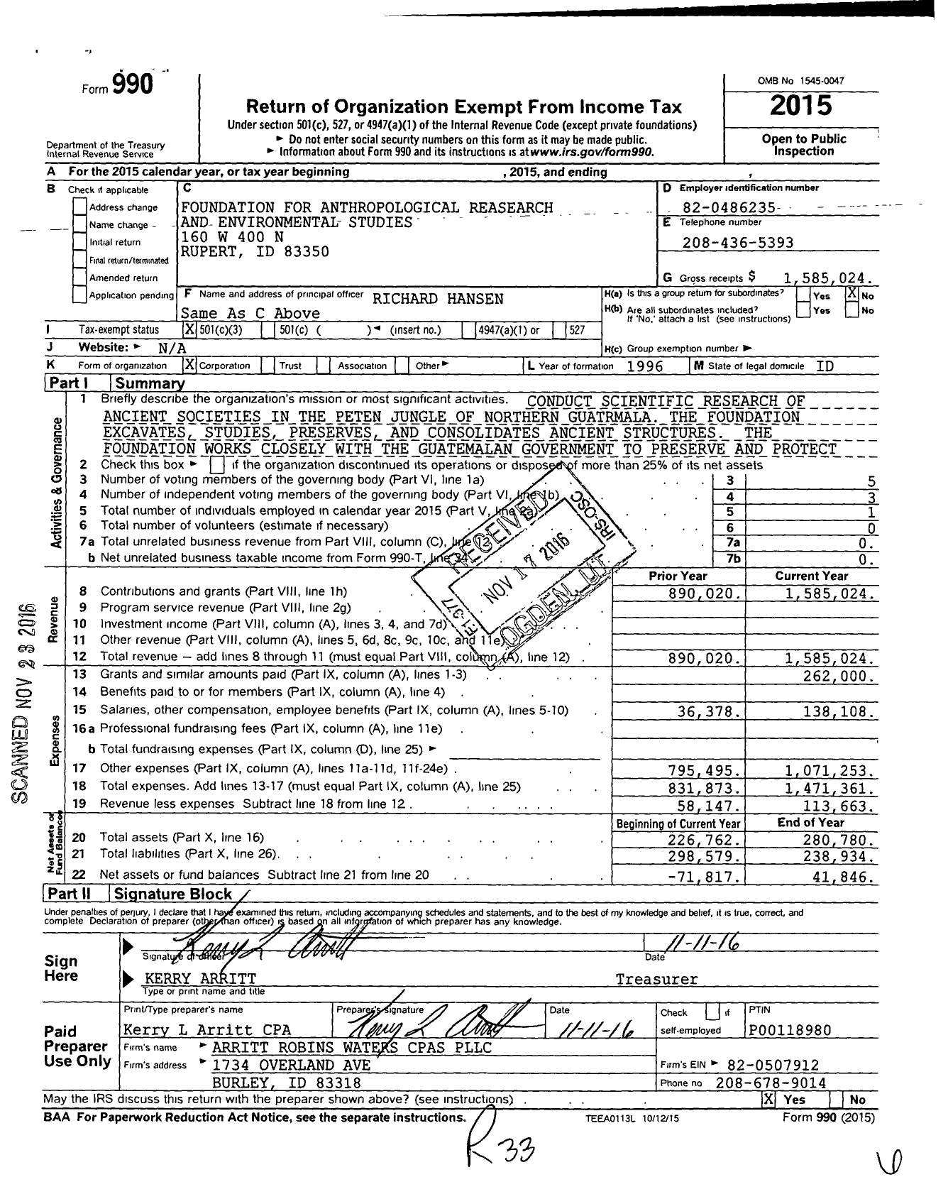 Image of first page of 2015 Form 990 for Foundation for Anthropological Research and Environmental Studies