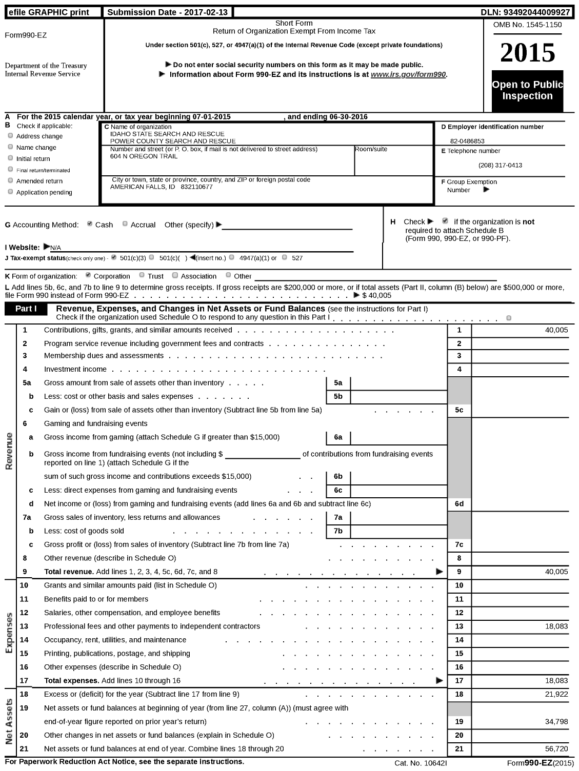 Image of first page of 2015 Form 990EZ for Idaho State Search and Rescue Power County Search and Rescue