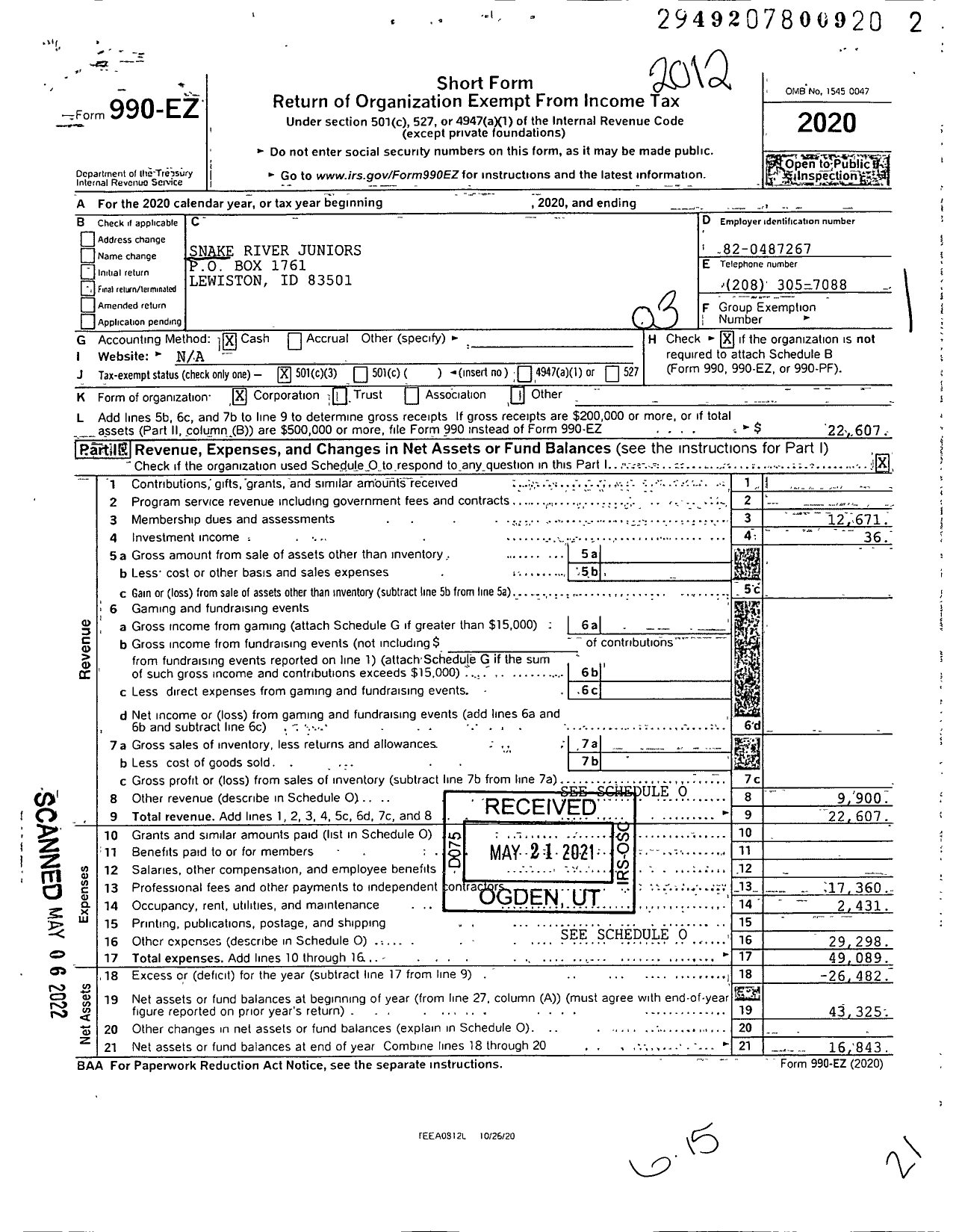 Image of first page of 2020 Form 990EZ for Snake River Juniors