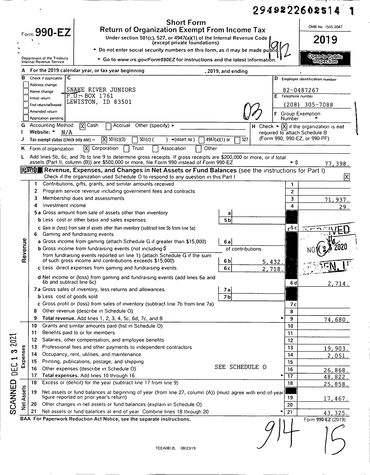 Image of first page of 2019 Form 990EZ for Snake River Juniors