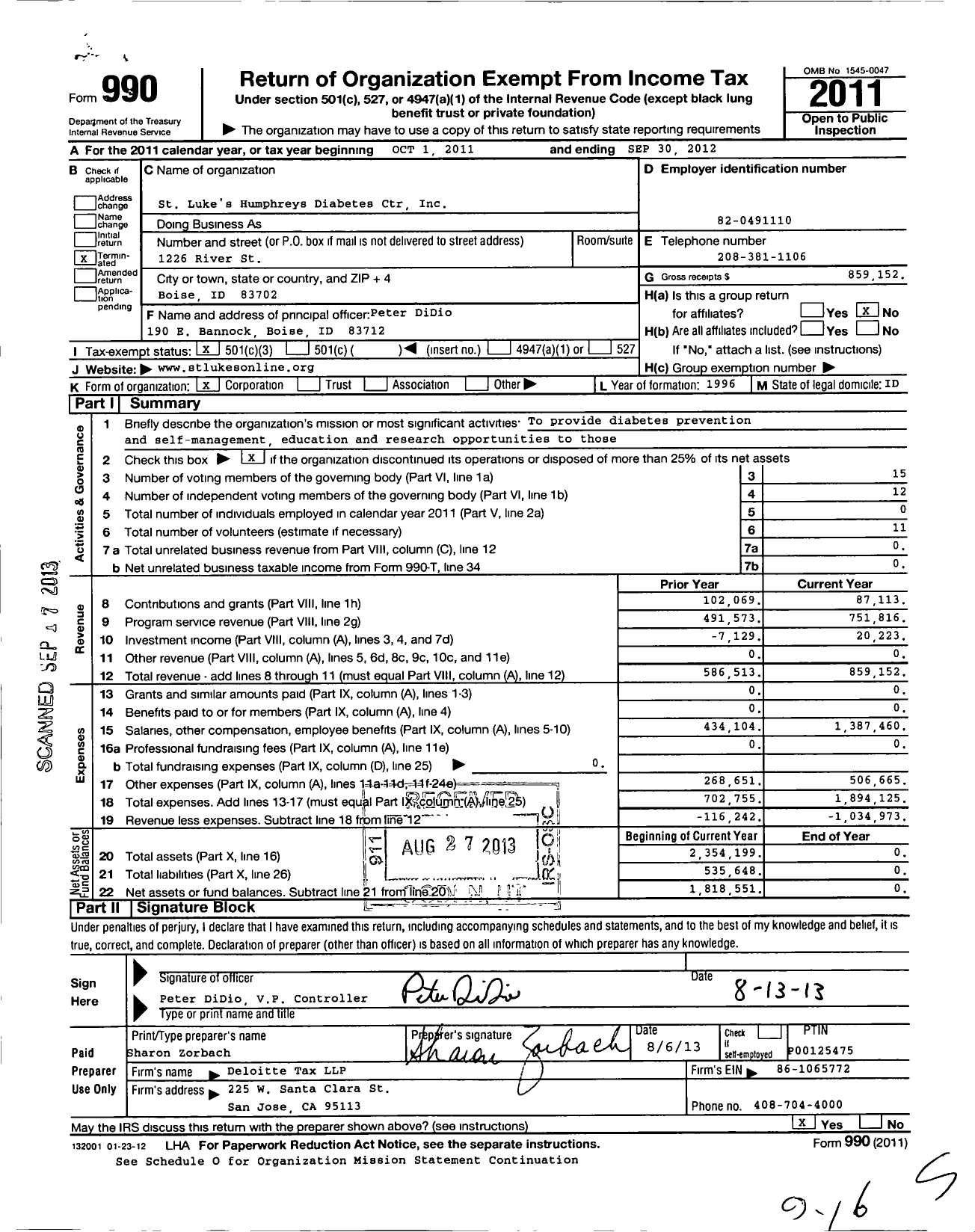 Image of first page of 2011 Form 990 for St Lukes Humphreys Diabetes Center