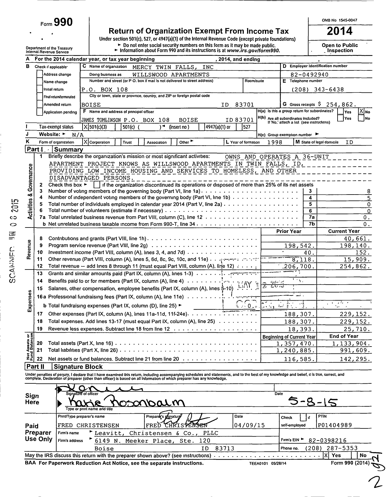 Image of first page of 2014 Form 990 for Mercy Twin Falls