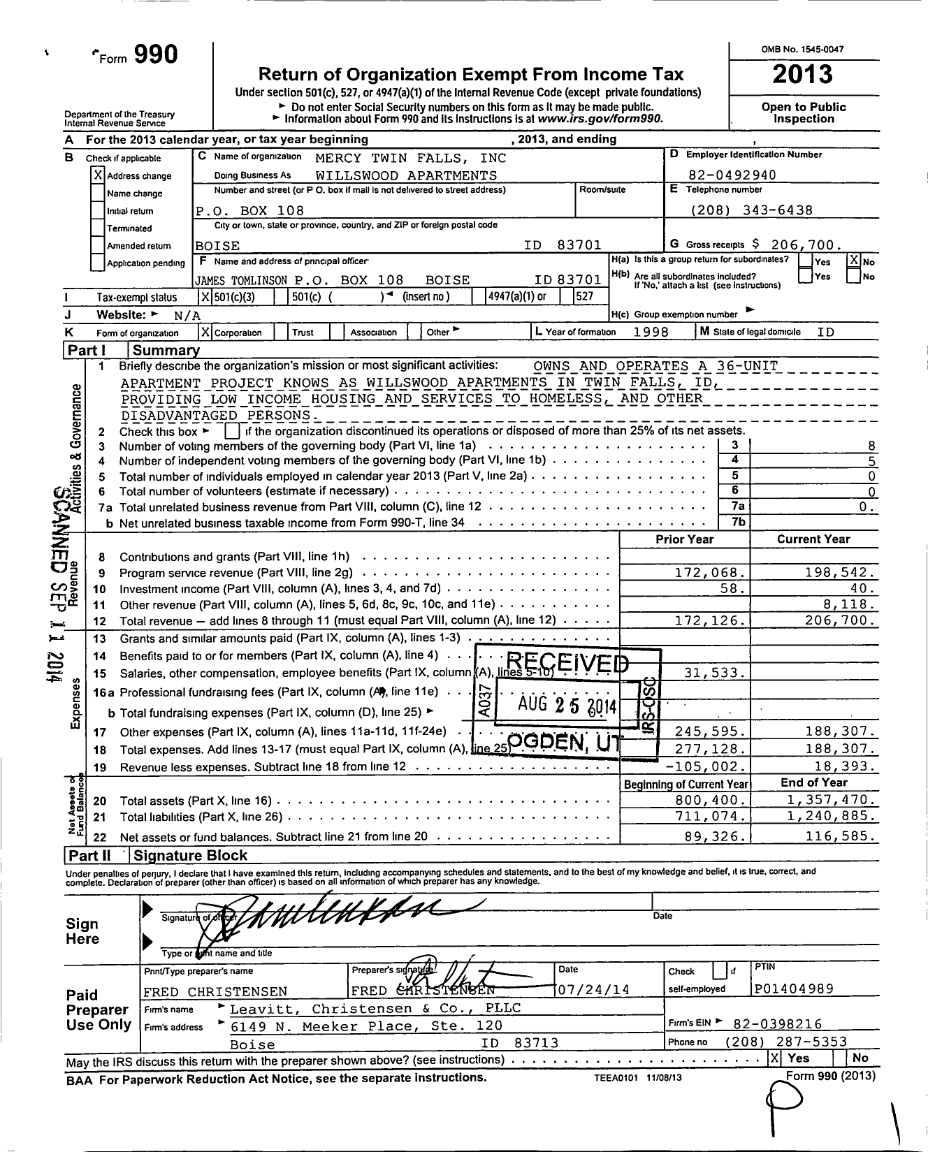 Image of first page of 2013 Form 990 for Mercy Twin Falls