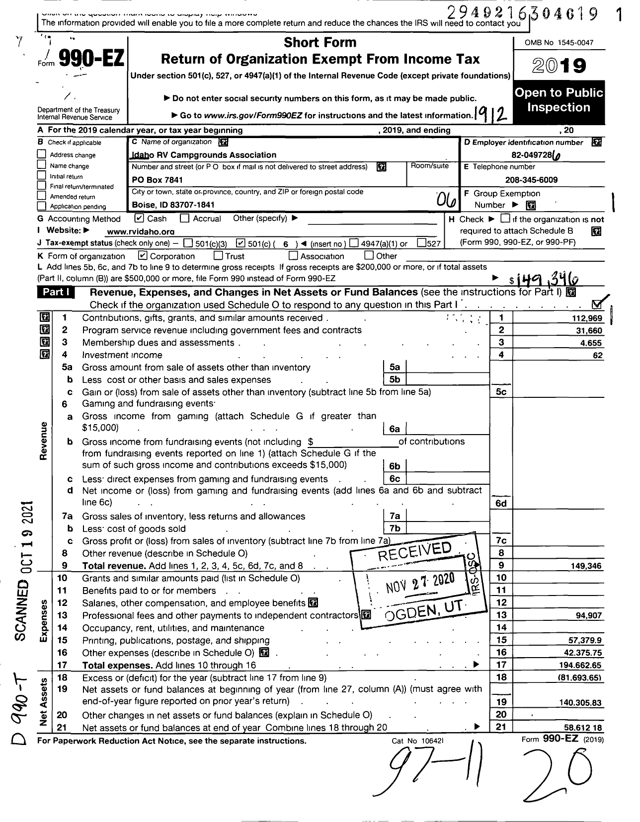 Image of first page of 2019 Form 990EO for Idaho RV Campgrounds Association