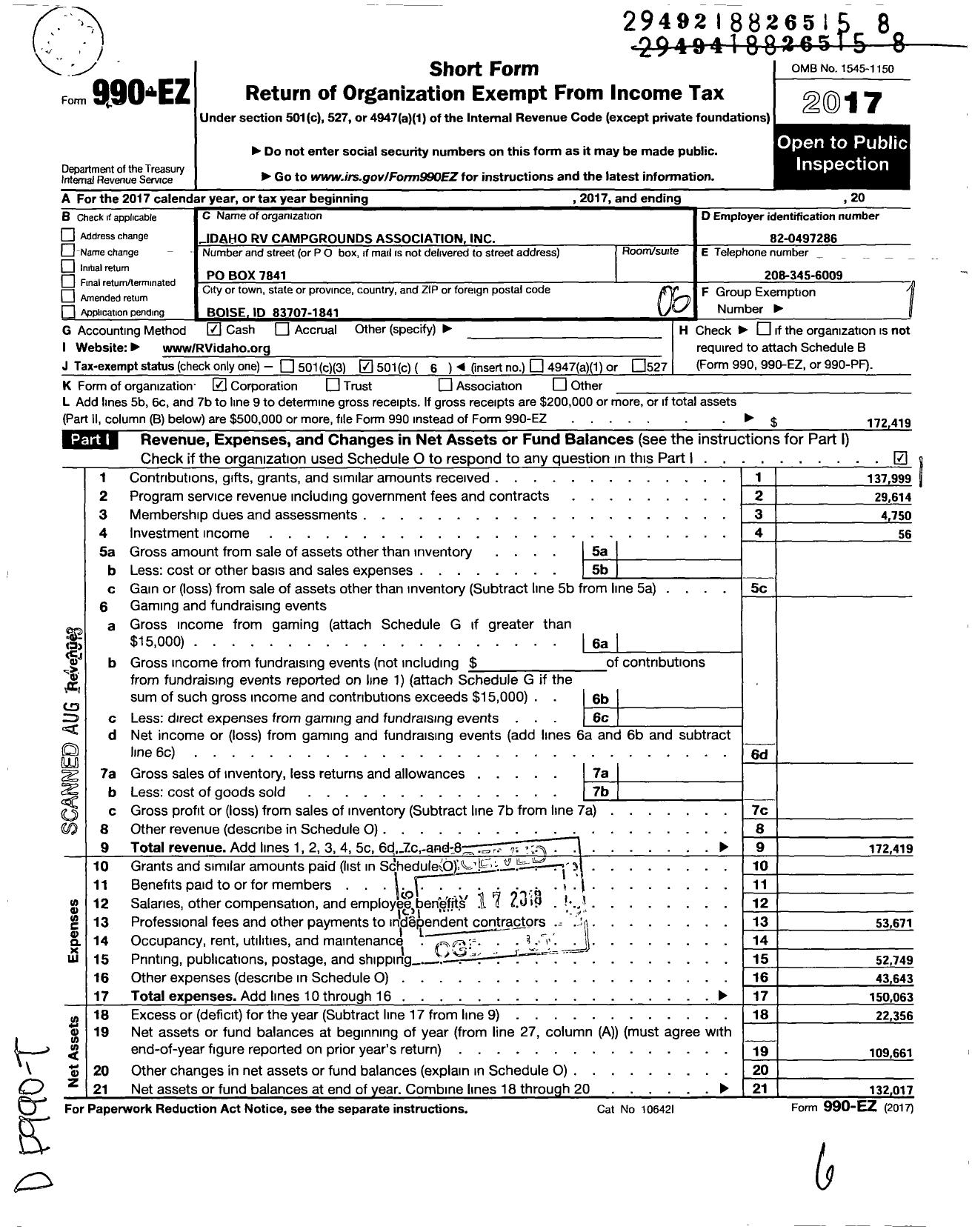 Image of first page of 2017 Form 990EO for Idaho RV Campgrounds Association