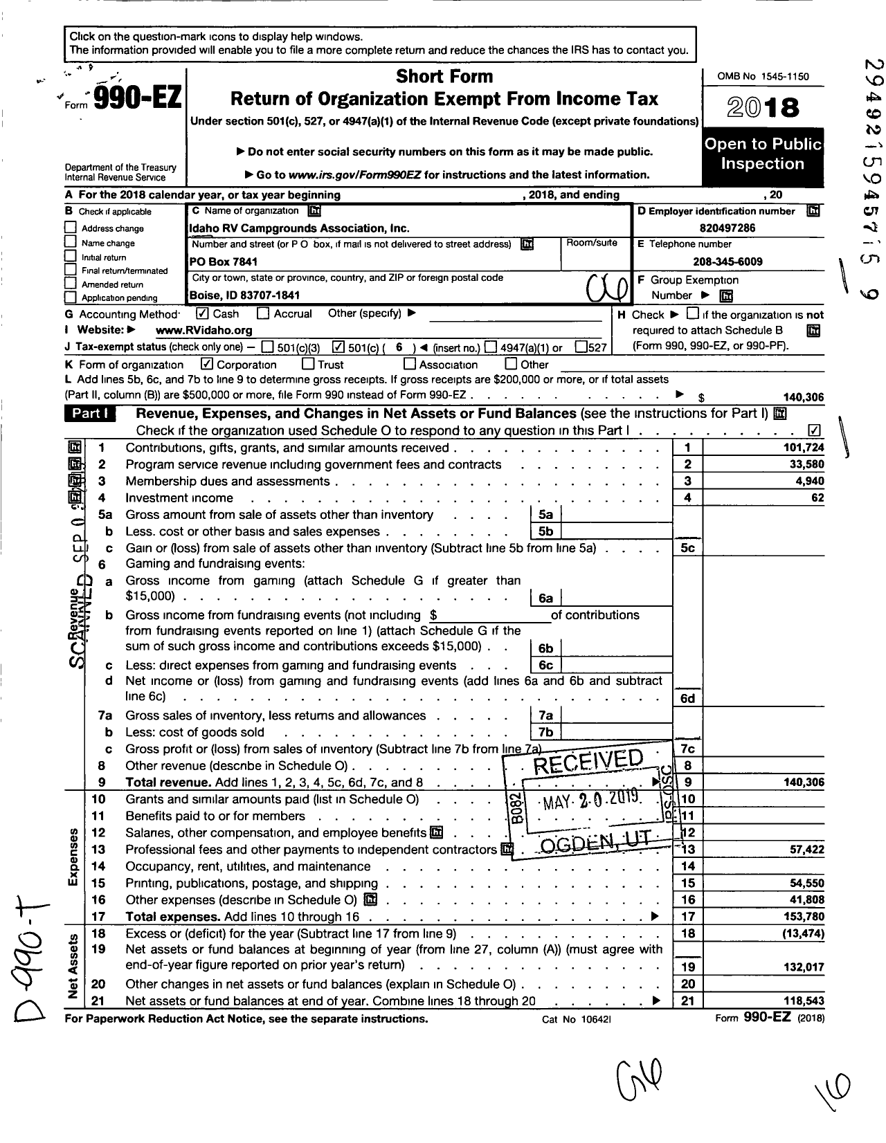 Image of first page of 2018 Form 990EO for Idaho RV Campgrounds Association