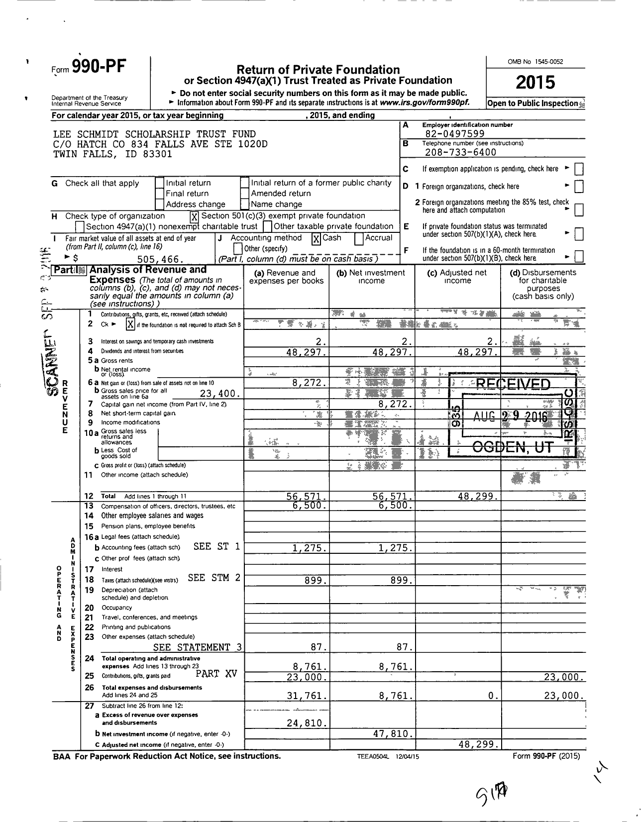 Image of first page of 2015 Form 990PF for Lee Schmidt Scholarship Trust Fund
