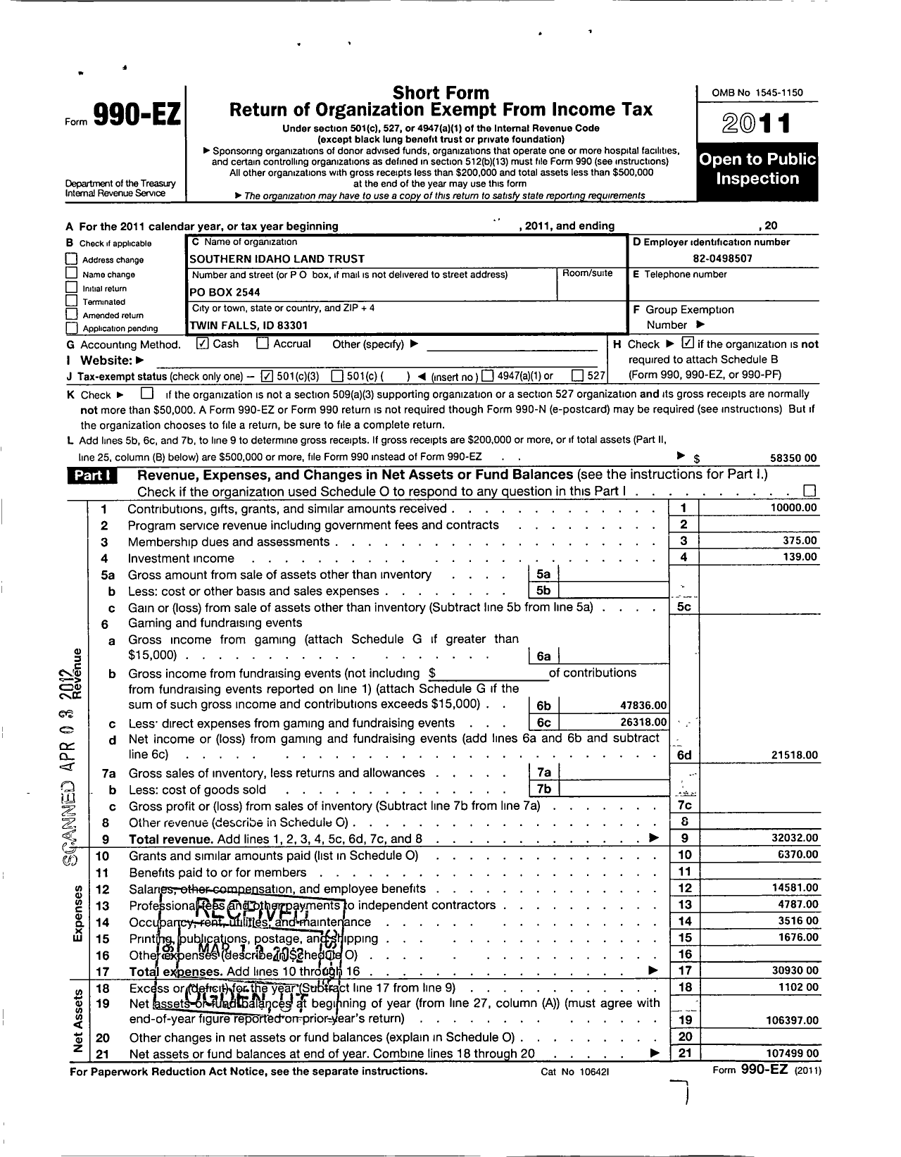 Image of first page of 2011 Form 990EZ for Magic Valley Land Trust LLC
