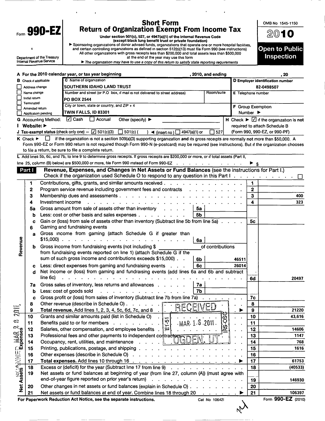 Image of first page of 2010 Form 990EZ for Magic Valley Land Trust LLC