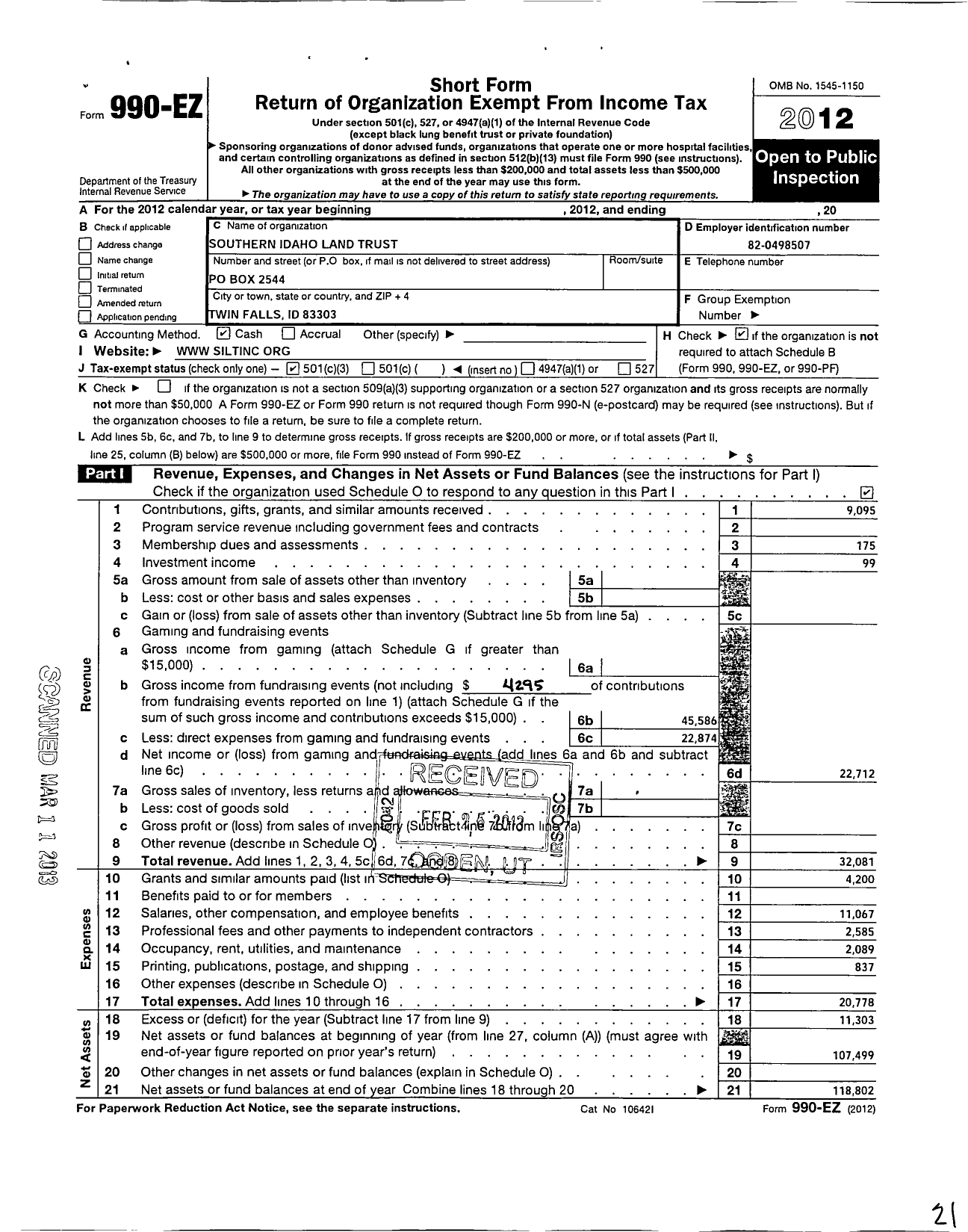 Image of first page of 2012 Form 990EZ for Magic Valley Land Trust LLC