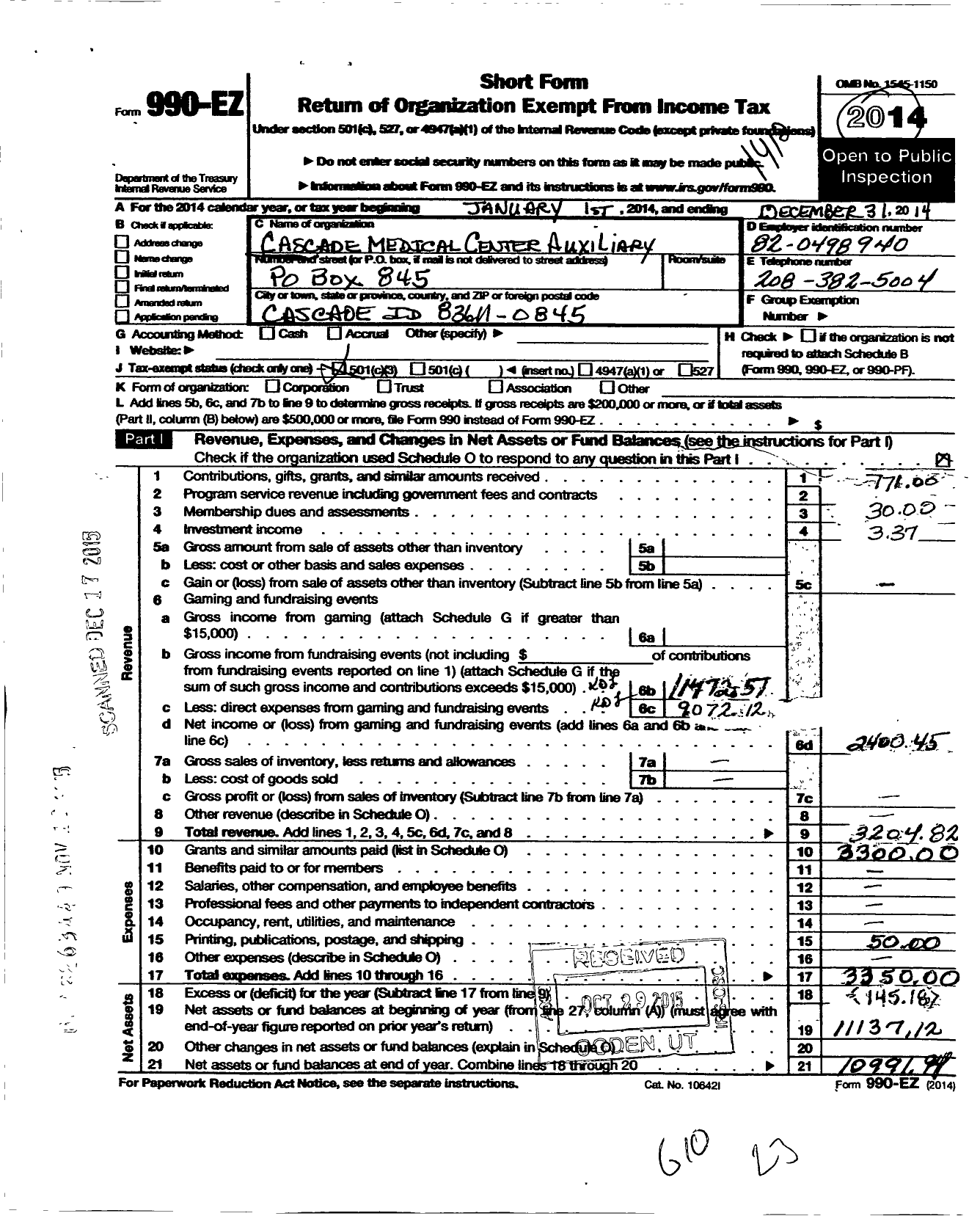 Image of first page of 2014 Form 990EZ for Cascade Medical Center Auxiliary