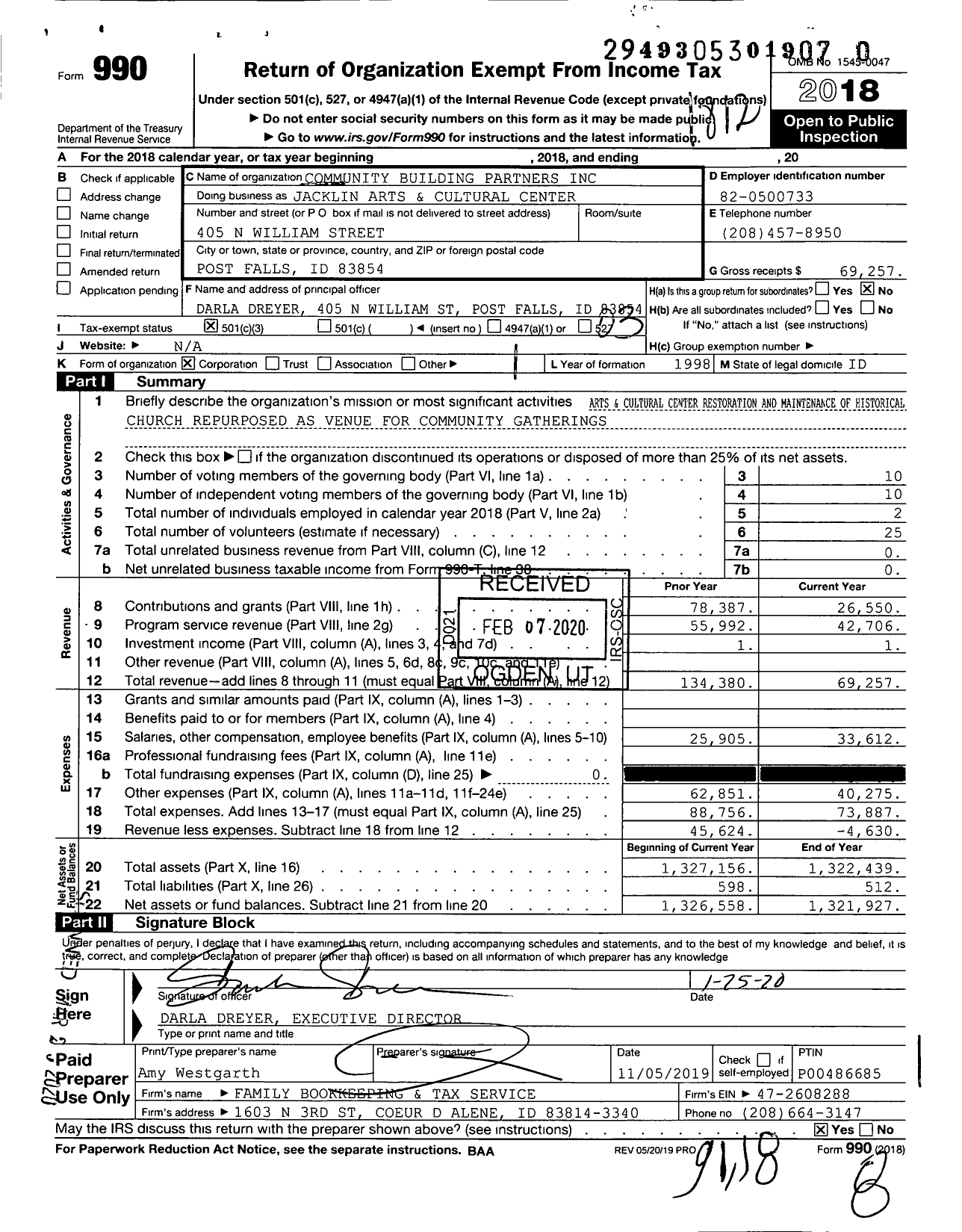 Image of first page of 2018 Form 990 for Jacklin Arts and Cultural Center