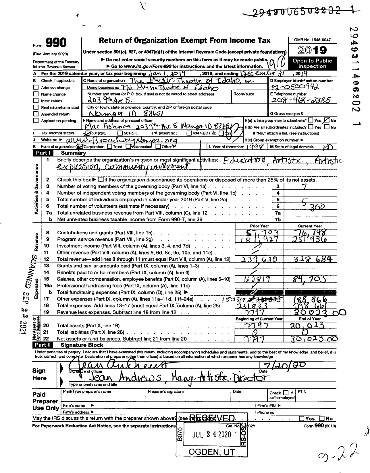 Image of first page of 2019 Form 990 for The Music Theatre of Idaho