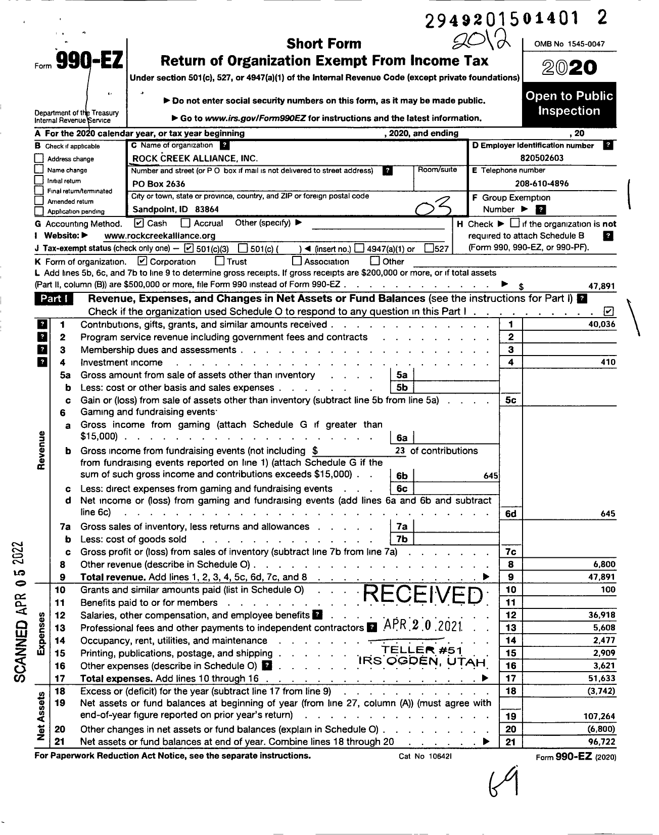 Image of first page of 2020 Form 990EZ for Rock Creek Alliance