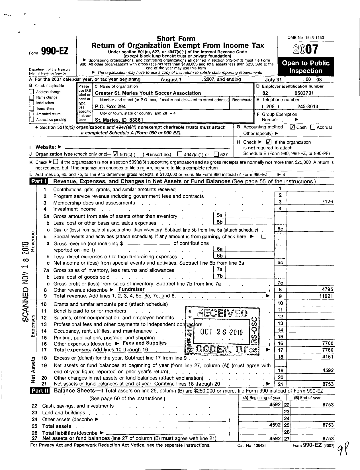 Image of first page of 2007 Form 990EO for Greater St Maries Youth Soccer Association