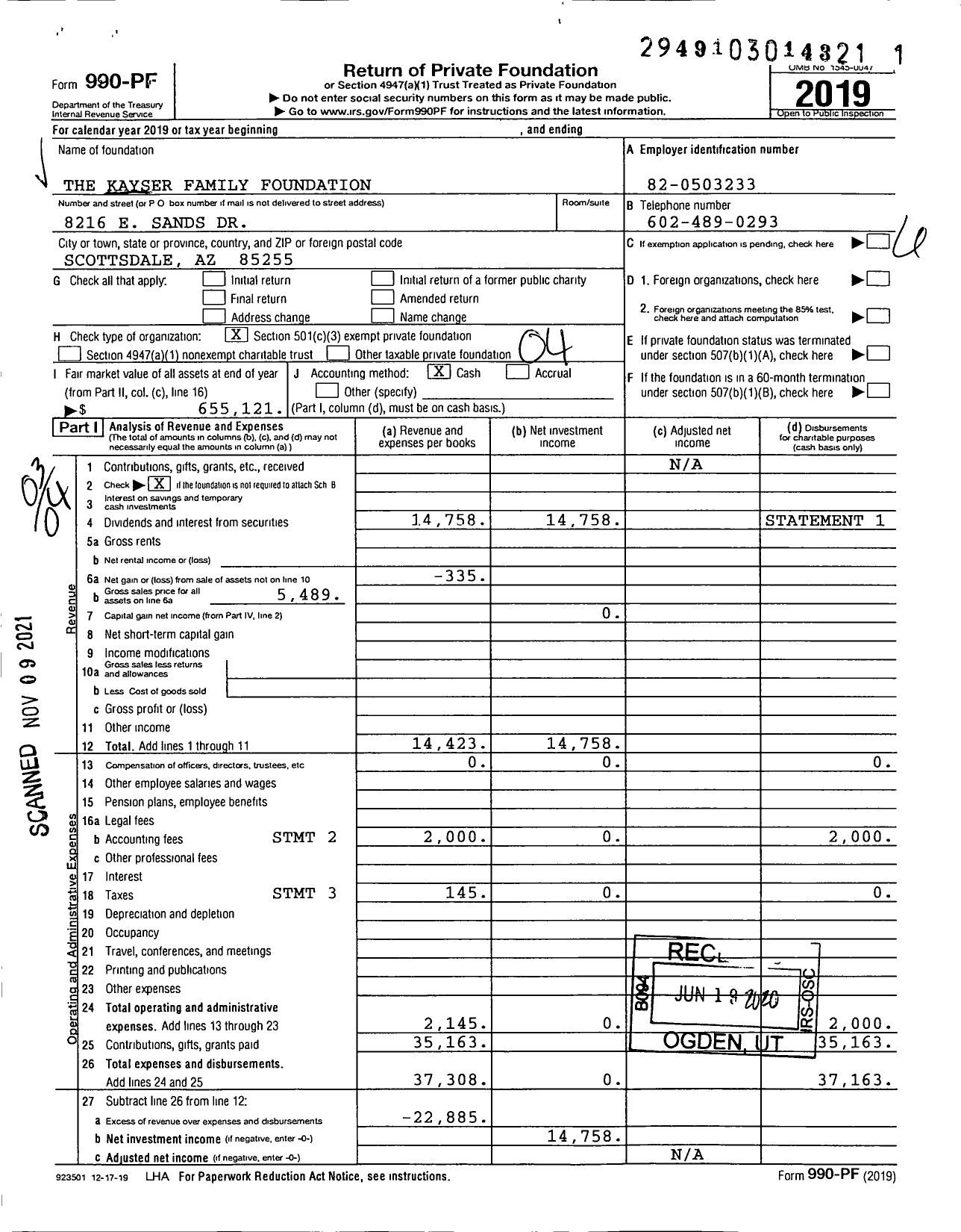 Image of first page of 2019 Form 990PF for The Kayser Family Foundation