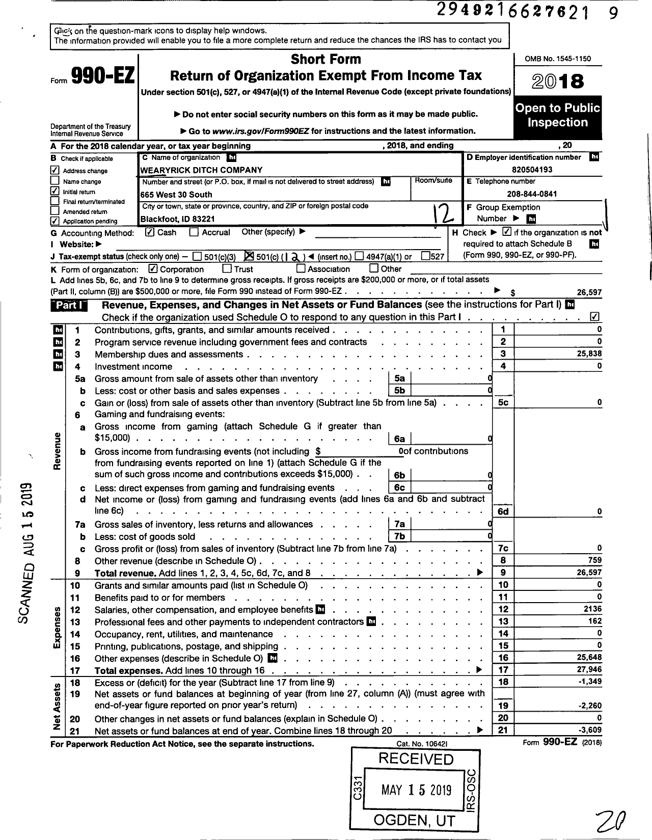 Image of first page of 2018 Form 990EO for Wearyrick Ditch Company