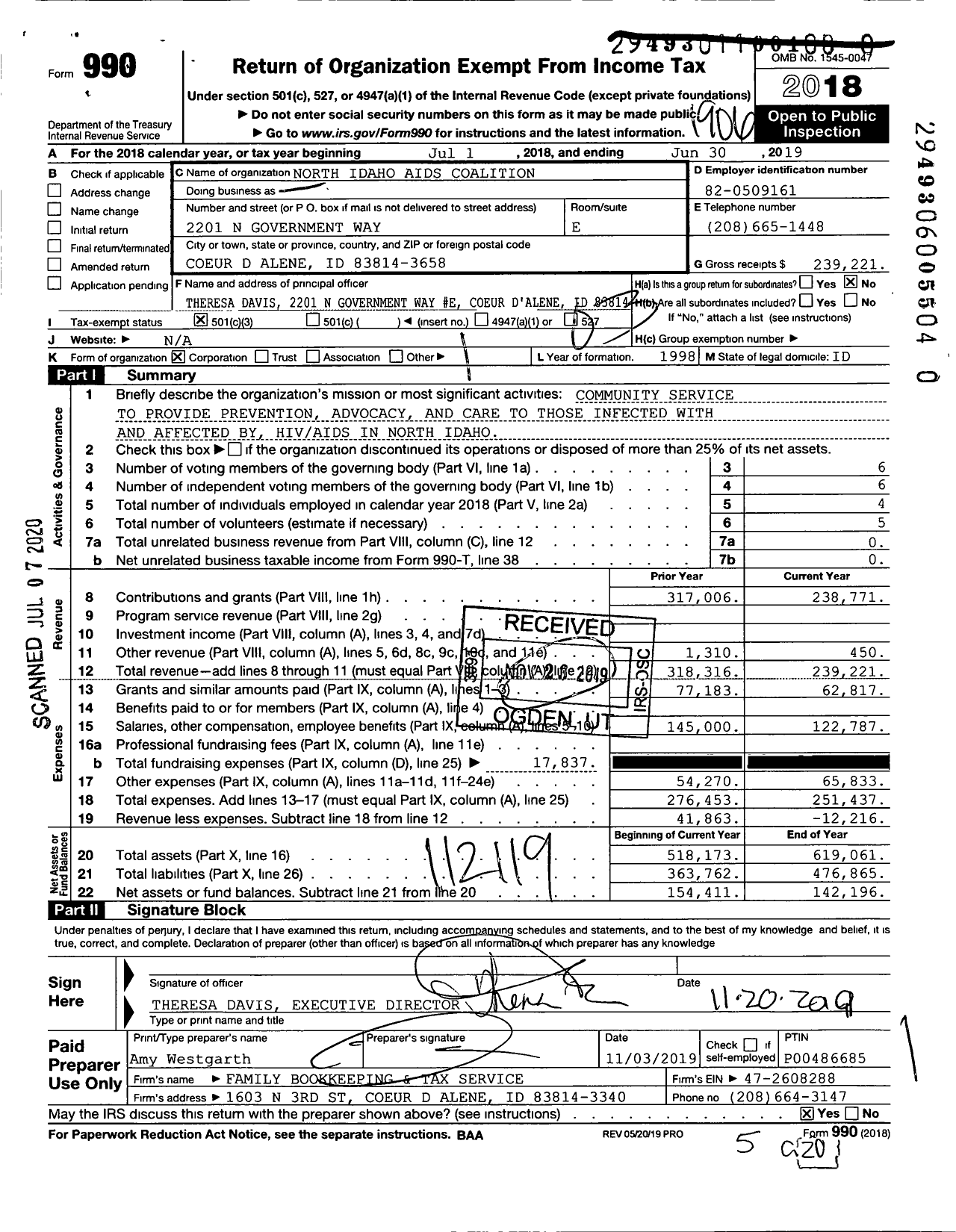 Image of first page of 2018 Form 990 for North Idaho Aids Coalition