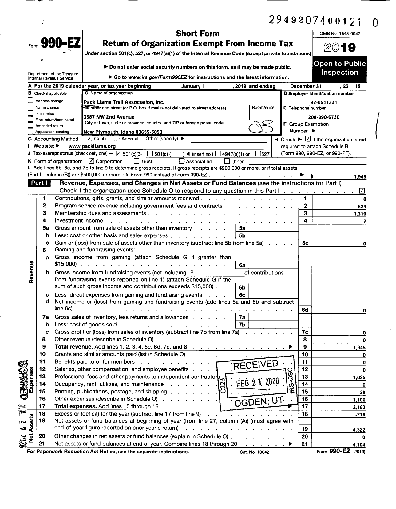 Image of first page of 2019 Form 990EZ for Pack Llama Trail Association