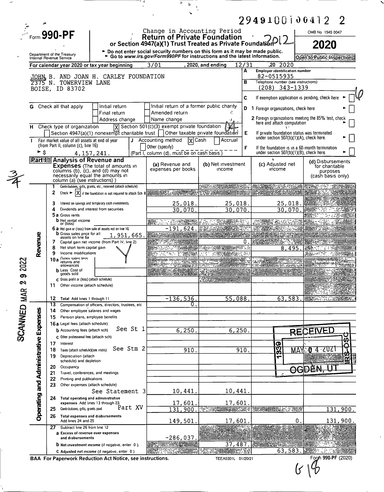 Image of first page of 2020 Form 990PF for John B and Joan H Carley Foundation