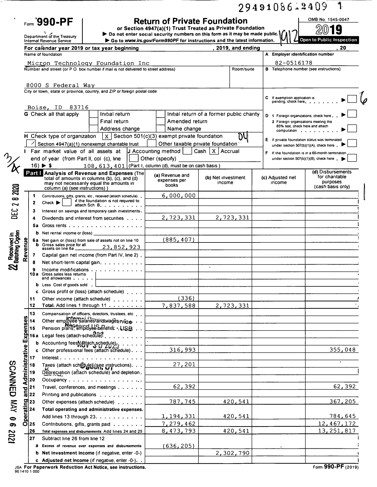 Image of first page of 2019 Form 990PF for Micron Foundation