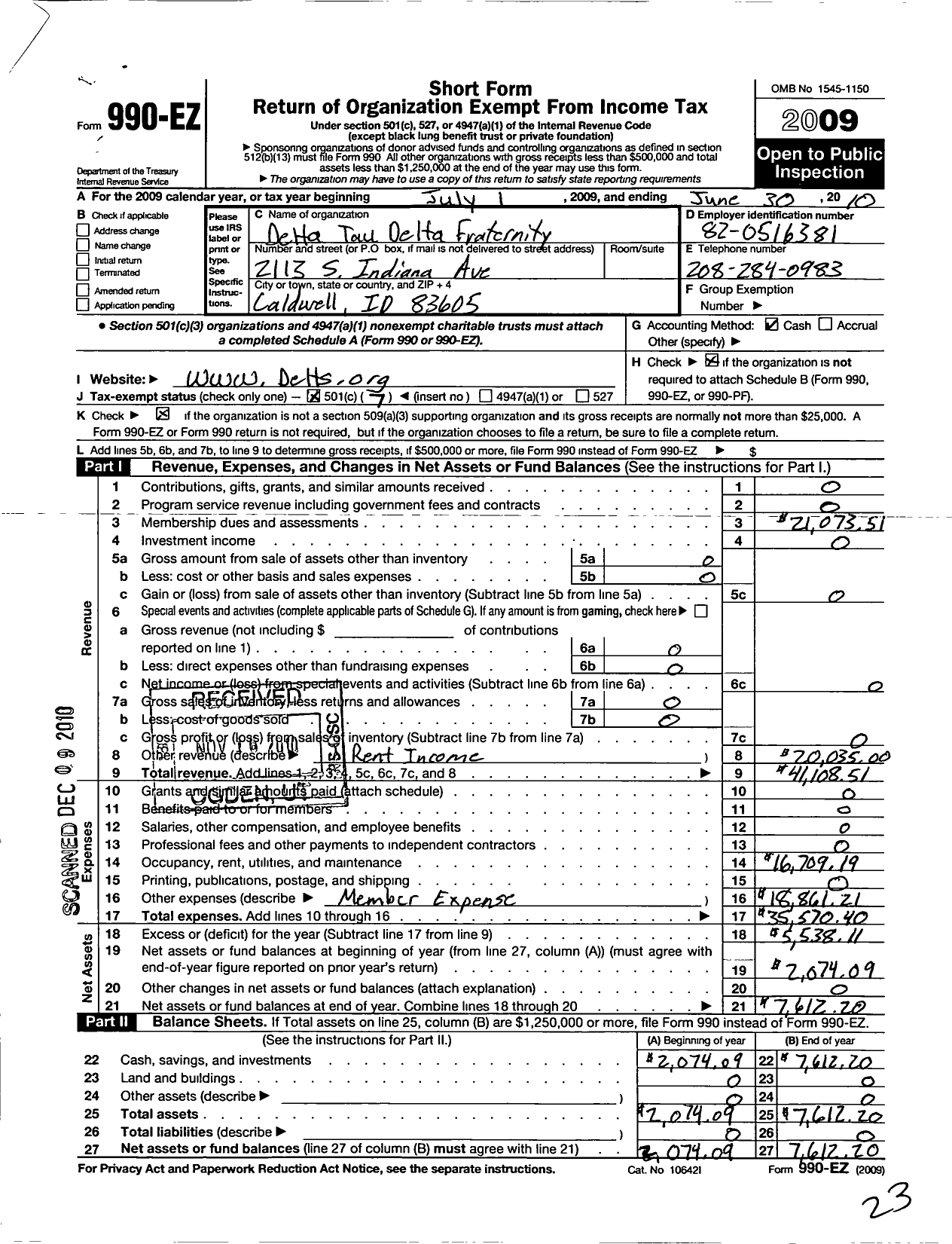 Image of first page of 2009 Form 990EO for Delta Tau Delta Fraternity