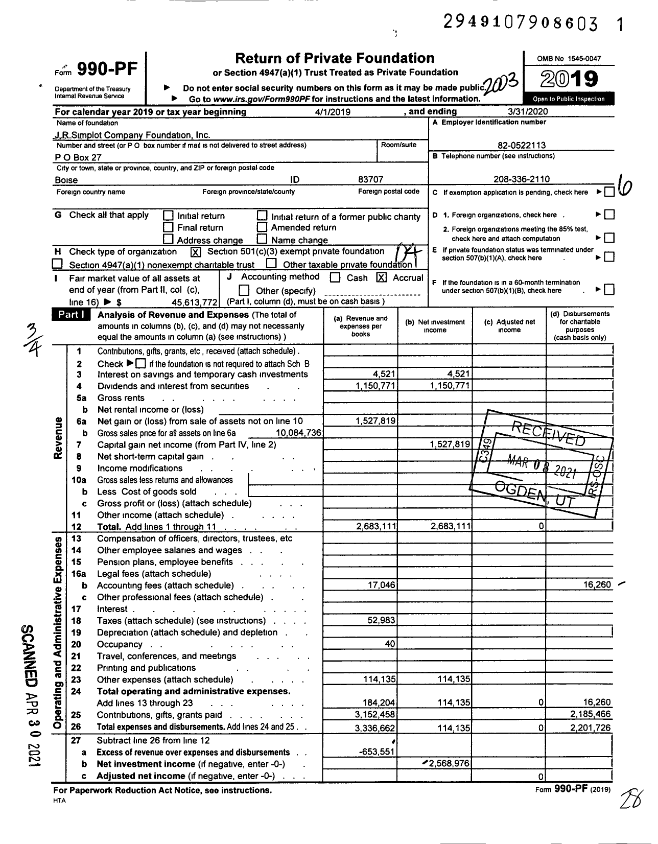 Image of first page of 2019 Form 990PF for J R Simplot Company Foundation