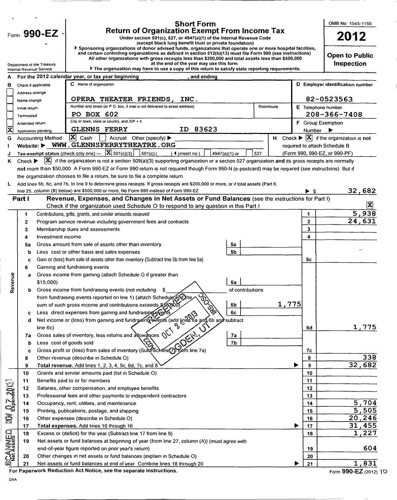 Image of first page of 2012 Form 990EZ for Opera Theater Friends