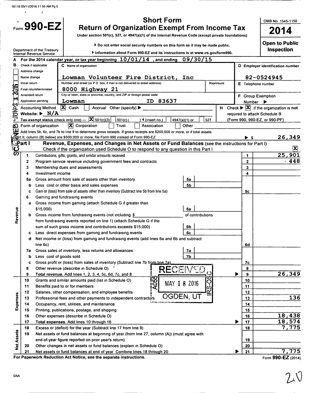 Image of first page of 2014 Form 990EZ for Lowman Volunteer Fire District