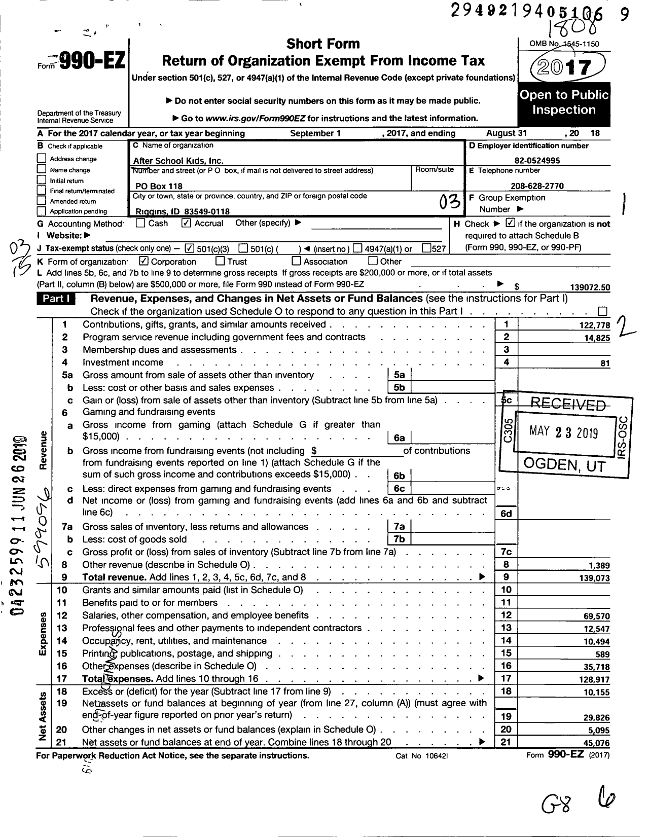 Image of first page of 2017 Form 990EZ for After School Kids