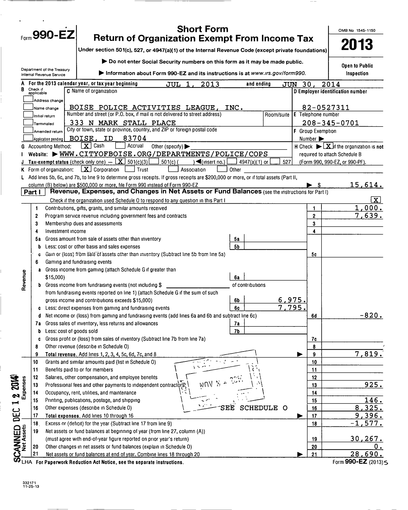 Image of first page of 2013 Form 990EZ for Boise Police Activities League