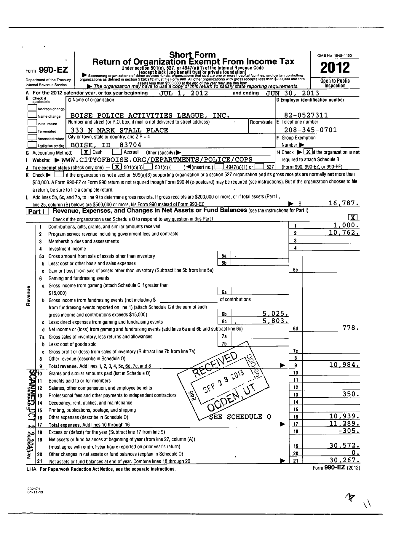 Image of first page of 2012 Form 990EZ for Boise Police Activities League