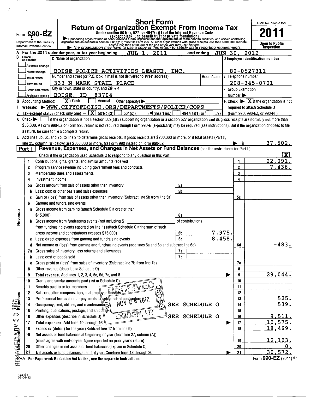 Image of first page of 2011 Form 990EZ for Boise Police Activities League